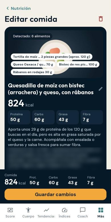 Comida detectada por YOLLI con sus macronutrientes